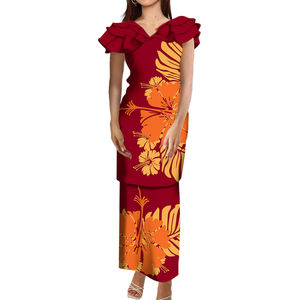 Neues Design Polynesian Tribal Printed Rüschen V-Ausschnitt Samoa Puletasi Set Kleid Custom ized Womens Long Top und Röcke 2-teiliger Anzug - Product Image 2