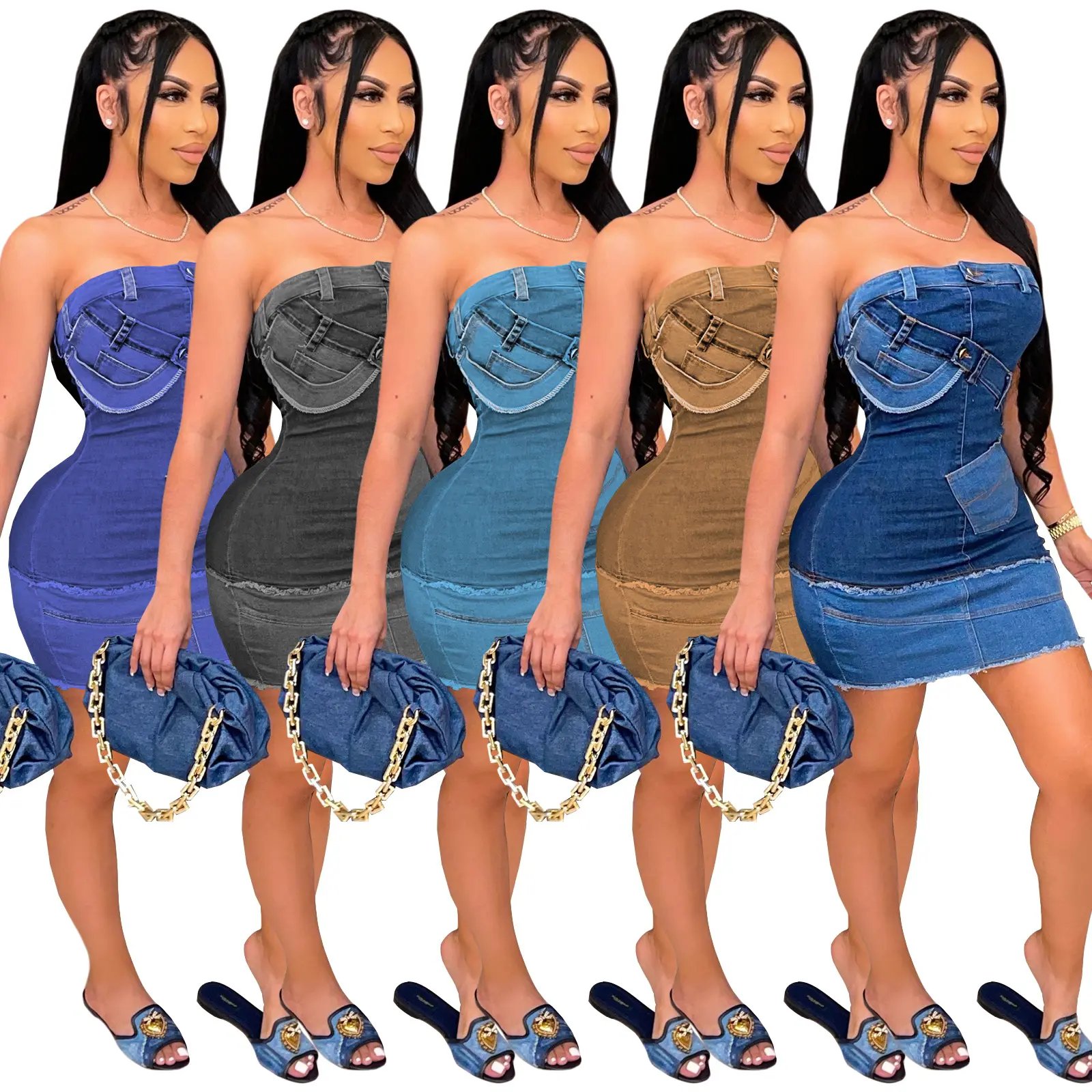 2021 Summer Trend Sexy Denim Party Dresses Off Shoulder Mini Bodycon Club Wear Ladies Custom Jeans Dresses Women Clothing