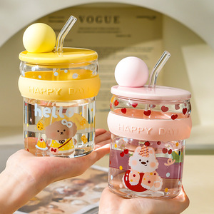 Tazza in Vetro con Animali Carini e Grande Capacità, Bottiglia d'Acqua con Cannuccia per Studenti - Design Cartoon, Portatile, Resistente al Calore - Product Image 3