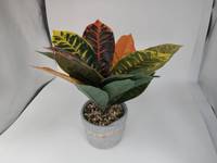 Tanaman Croton Buatan Super Realistis dengan Pot dan Dekorasi Kerikil Bergaya Anyaman, Warna Oranye, Kuning, dan Hijau Tua