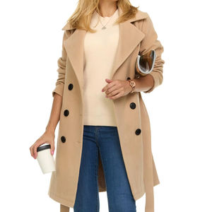 Manteau long d'hiver pour femme à double boutonnage avec col roulé en fausse laine tissée, style décontracté, écologique et coupe-vent - Product Image 1