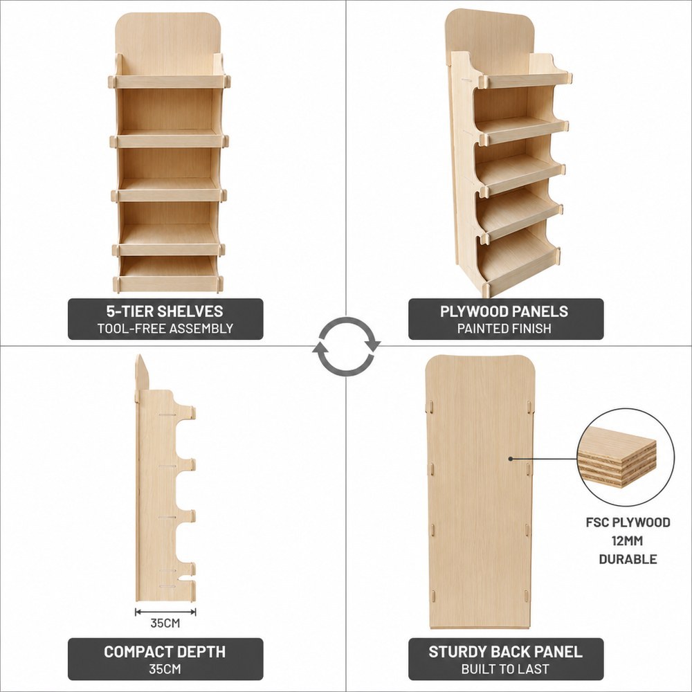 Custom 5-Tier Plywood Display Rack for Clothing Shoe Floor Standing Wooden Shelf Easy Assembly Wood Display Stand FSC Certified — view 3