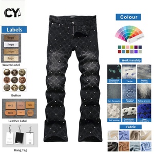 OEM ODM Men <strong>Black</strong> Grid Jacquard <strong>Skinny</strong> Jeans Luxury Hot-Fix Rhinestone Slim <strong>Fit</strong> Denim Pants Low MOQ Wholesale <strong>Trousers</strong> - Product Image 1