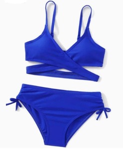 Costume da bagno a due pezzi per ragazze adolescenti, con scollo a V, tinta unita, con spalline regolabili, per ragazze più grandi, costume da bagno alla moda per la spiaggia - Product Image 3