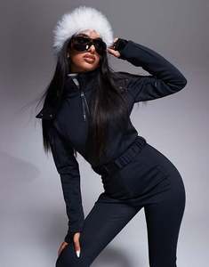 Ensemble de combinaison de <span class=keywords><strong>ski</strong></span> d'hiver pour femme, coupe ajustée, design ceinturé, style jambe évasée, capuche garnie de fausse fourrure, blanc - Product Image 4