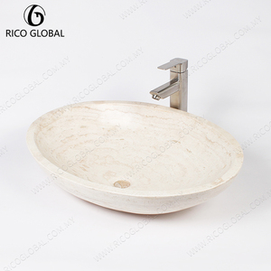 Lavabo ovale en travertin blanc, pierre naturelle, poli, à poser sur comptoir, pour hôtels et écoles - Product Image 4