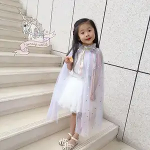 Jubah Anak Perempuan Desain Payet Glitter, Pakaian Pesta Tulle Pelangi Jubah Anak Perempuan dengan Pom Pom