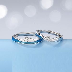 Bagues de couple tendance, ensembles de bagues de mariage pour couple, bagues ajustables ouvertes personnalisées, design montagne et mer, bague en diamant - Product Image 1