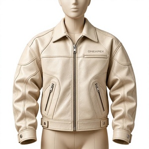 Veste en cuir beige pour homme, col rabattu, fermeture éclair, style motard, veste de moto en cuir personnalisée, fabrication en gros - Product Image 1