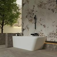 Baignoire autoportante ovale en pierre artificielle à surface solide, style moderne, pour mur arrière, écologique, usage hôtelier, avec drain intégré, garantie 5 ans