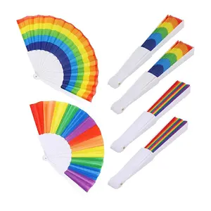 FINE OCEAN Custom Rainbow plastic Fabric Folding Fan Handheld Fan Gay Pride Folded Fan for Decoration