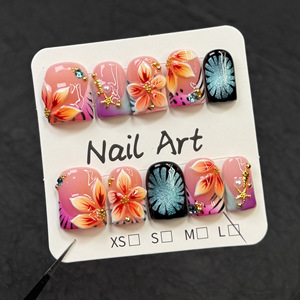 <span class=keywords><strong>Uñas</strong></span> postizas cuadradas <span class=keywords><strong>cortas</strong></span> hechas a mano con gel, <span class=keywords><strong>uñas</strong></span> postizas florales en 3D con diamantes de imitación, <span class=keywords><strong>uñas</strong></span> postizas reutilizables con flores tropicales - Product Image 2