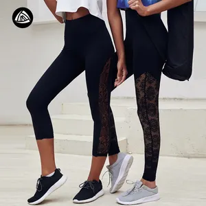 Black classic womens gym leggings fitness yoga pants with special Jacquard mesh for workout