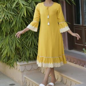 Vestido de Lino y Algodón para Mujer, Cuello en V, Casual, Corte en A, Mangas Abullonadas, Midi, Verano, Bordado - Product Image 1