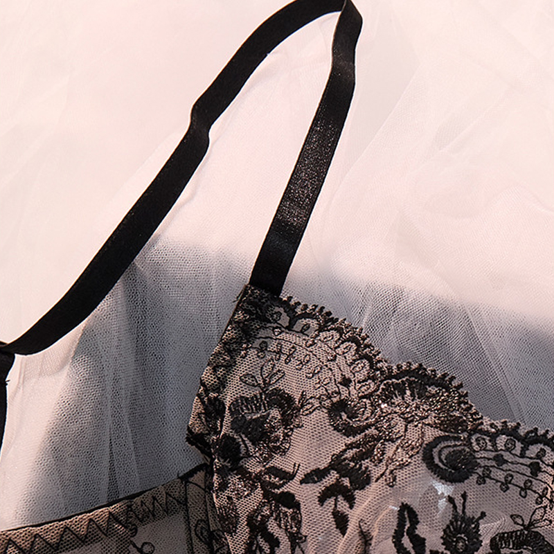 Wholesale Women's Sheer Mesh Lingerie Set Sexy Lace Embroidery Bra and Thong Floral Seductive Hollow Out Strappy Underwear