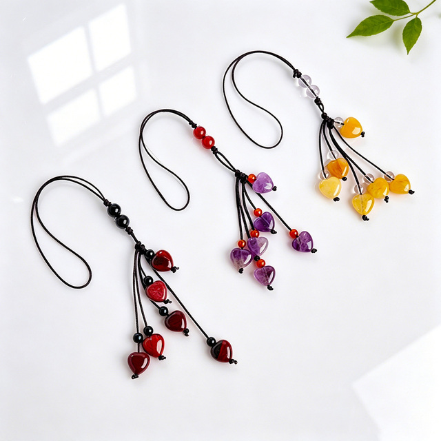 Wholesale Carved Mixed Natural Crystal Stone Heart Phone Charms Cute Gemstone Heart Tassel Mobile Strap