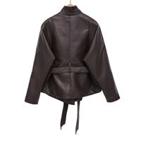 En stock, nouvelle veste en PU et polyester à col court de style européen et américain, ceinture à la taille, style rétro, élégante, pour femmes, 2 couleurs