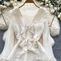 Ensemble élégant de chemisier à manches longues à col en V et volants de style français et jupe mini taille haute pour femmes, printemps-été