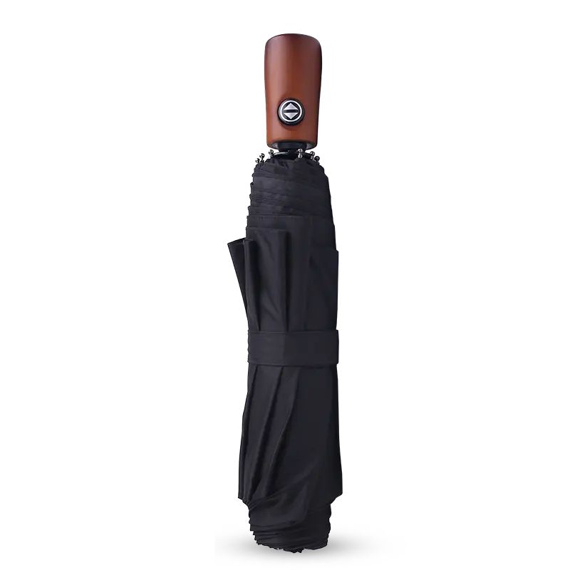 high quality wood handle rain umbrella for men auto open close three fold blue black coating 27inch folding golf umbrella