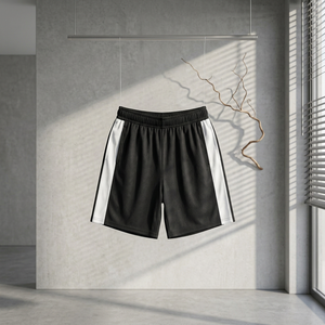 Shorts de sport noirs pour hommes avec bandes latérales blanches, taille élastique, séchage rapide, en polyester tissé, taille mi-haute, short athlétique - Product Image 6