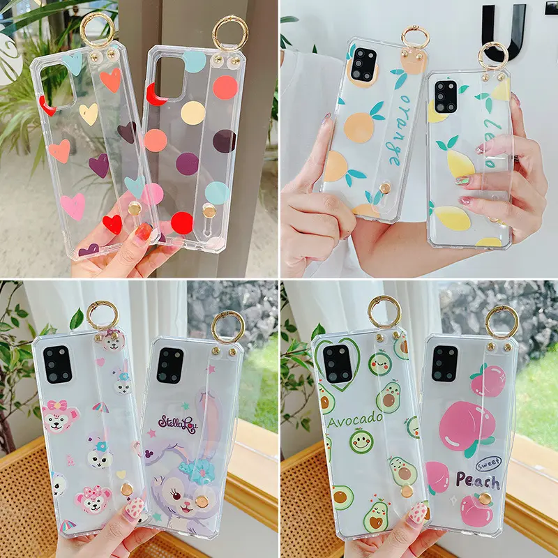 Fashion Cute Cartoon Pattern Transparent Soft Silicone With Wristband Phone Case For Samsung S21 Ultra A21S