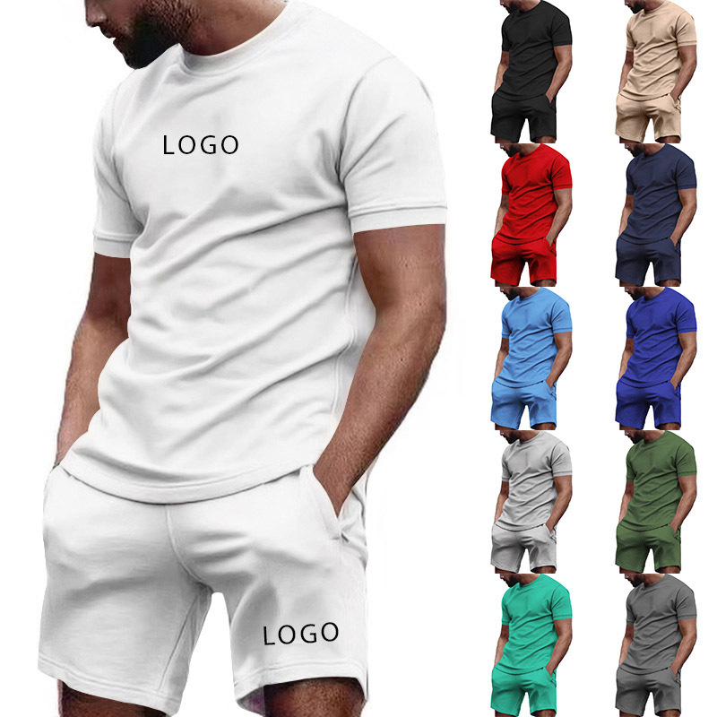 Custom LOGO Summer New Men's Round Neck T-shirt Shorts Casual Sports Short Cycling Fitness Set