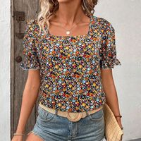 Nouveau T-shirt d'été pour femme, coupe ajustée, en polyester, à motif floral, col carré, manches courtes bouffantes, imprimé et à volants