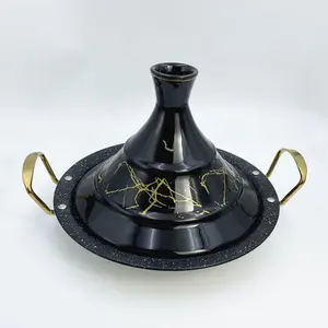 Marokko Kookgerei Tajine Zwart Goud Lijn Deksel Taji Porselein Conisch Deksel Inox Non-Stick Graniet Inductie Tajine