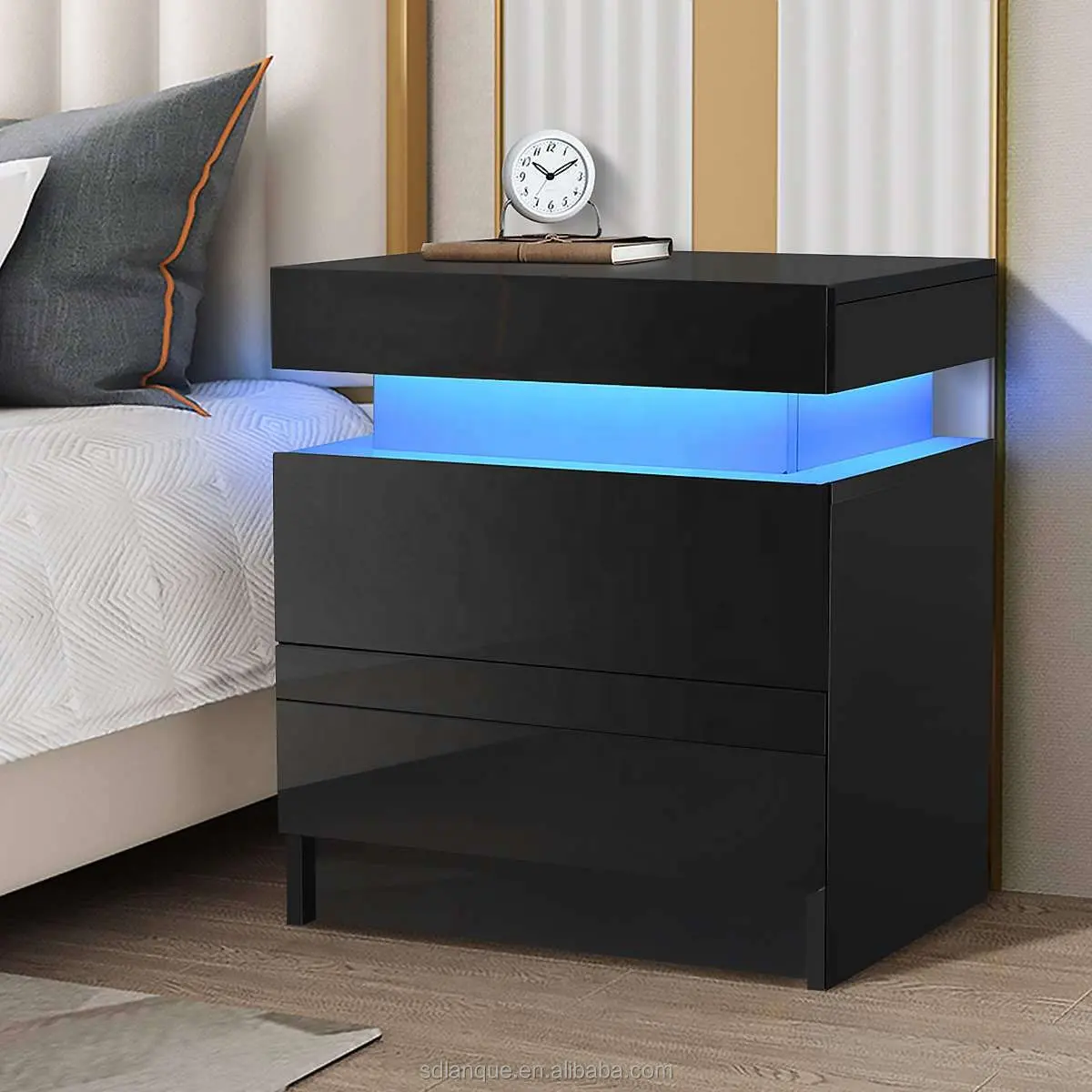 NOVA Nordic Modern Bedroom Furniture Minimalist Smart Nightstand With Led Lights Mirror Style 2 Drawers Bedside Table Cabinet