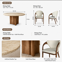 Table à manger ronde en marbre avec pieds en bois massif, mobilier de salle à manger moderne, table de cuisine contemporaine, mobilier de maison