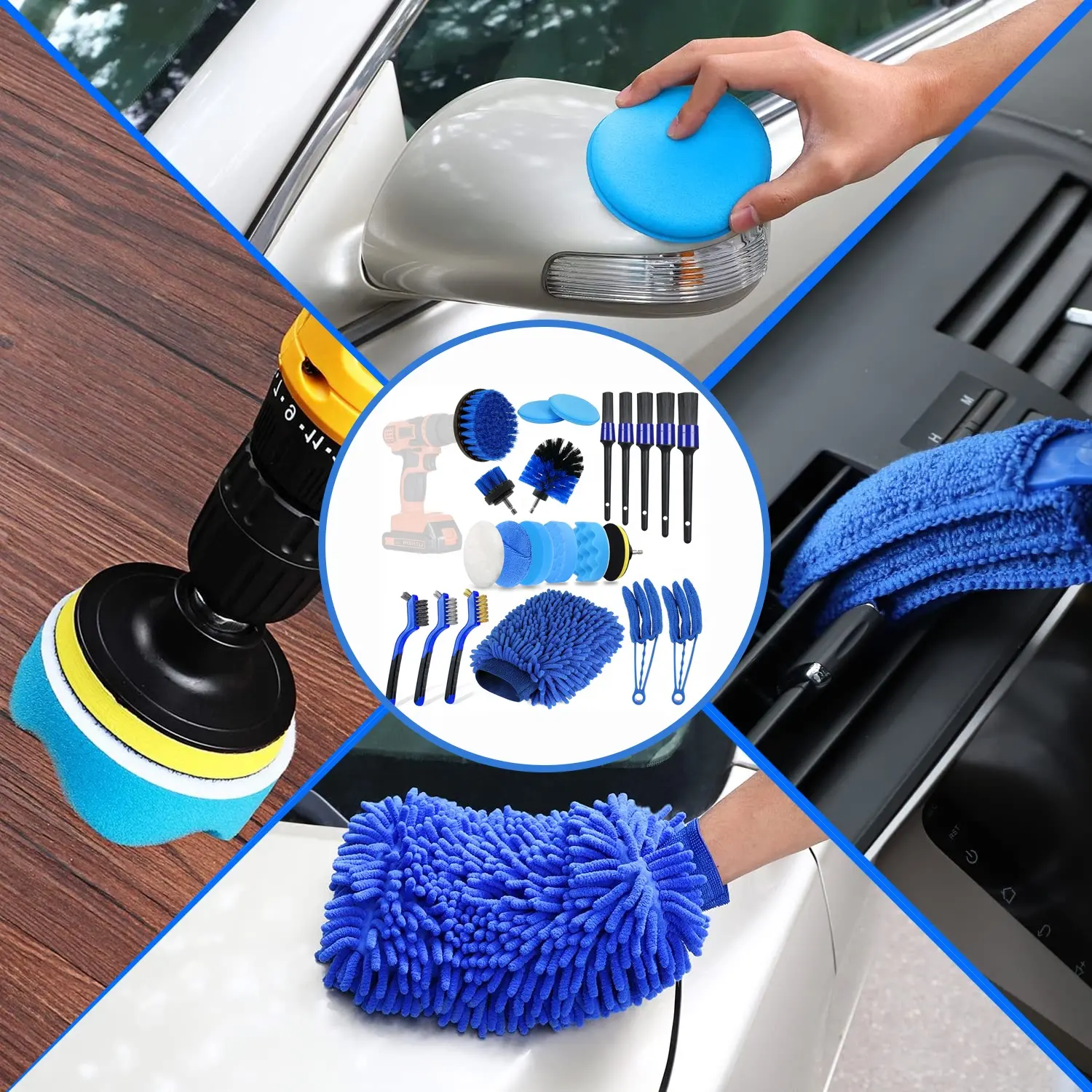 Kit de brosses pour voiture, 22 pièces, nettoyage intérieur avec perceuse automatique, brosse douce, éponge, tampons de polissage