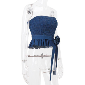 Decorazione floreale Sexy in stile retrò <span class=keywords><strong>blu</strong></span> Denim con gilet a pieghe di reggiseno corto con Top canottiera in <span class=keywords><strong>pizzo</strong></span> - Product Image 5