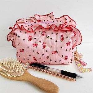 Floral Print Eco-Friendly <b>Large</b> Capacity for Organizer Custom Women's Ruffle Quilted Cosmetic <b>Bag</b> Zipper Travel Gingham - Product Image 2