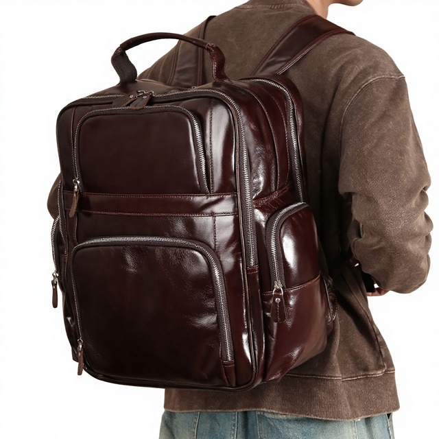 Genuine Leather Men's High-end Casual Leisure Travel Backpack Multi-functional Large Capacity