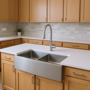 Fregadero doble de cocina de acero inoxidable estilo rústico de 33 pulgadas con delantal frontal, calibre 16, apto para estación de trabajo - Product Image 2