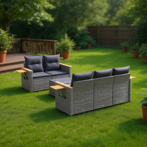 Ensemble de canapés de jardin en rotin gris, 6 places, accoudoirs réglables, mobilier d'extérieur, style contemporain - Product Image 2