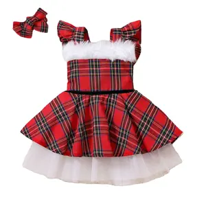 Bebek noel prenses kırmızı ekose katmanlı elbise dantel için noel elbiseler çocuklar küçük kızlar Toddler kız kıyafet