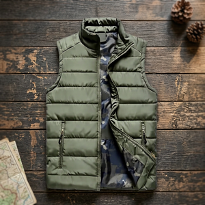 Gilet matelassé tactique léger et coupe-vent vert pour homme avec col montant, poches zippées et fermeture - Product Image 4