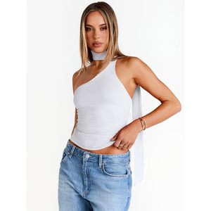 2025 Top corto de moda para mujer tamaño Queen lindo un hombro Halter Skinny Fit Sexy Tie camisas para salidas de verano patrón decorado - Product Image 3