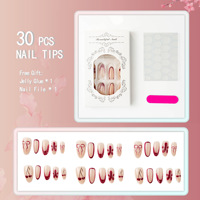 Faux ongles en ABS, forme amande, rouge nude, motif fleur, avec nœud rouge jazzant et cerise, 30 pièces en boîte, vente en gros, pour usage quotidien et fêtes