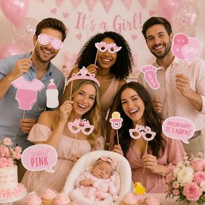 Ensemble de 22 accessoires pour photomaton de baby shower, thème rose pour fille, décorations pour selfie stick pour événement de révélation du sexe - Product Image 1