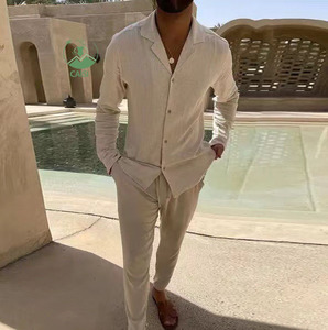 Completi da <span class=keywords><strong>uomo</strong></span> in <span class=keywords><strong>lino</strong></span>, primaverili/autunnali, casual, con camicia a maniche lunghe e pantaloni, set due pezzi, <span class=keywords><strong>abbigliamento</strong></span> <span class=keywords><strong>uomo</strong></span> alla moda. - Product Image 1