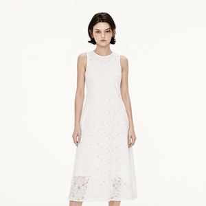 Robe midi blanche sans manches en dentelle, col rond, coupe trapèze, décontractée et élégante pour femme, idéale pour le quotidien, le bureau ou les soirées - Product Image 1