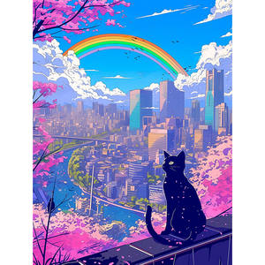 Chat regardant la ville bâtiment arc-en-ciel court peluche diamant peinture résine points carrés diamant Art Kit peinture murale - Product Image 1