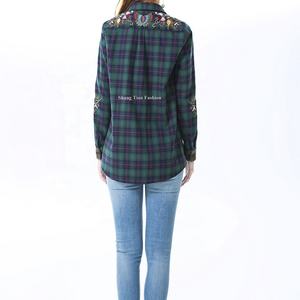 Blusa de Moda para Mujer, Camisa Bordada y Blusa de Algodón a Cuadros, OEM, Manga Larga - Product Image 3