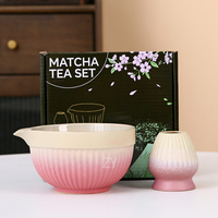En stock, bol à matcha en céramique japonais multicolores avec bec verseur, texture côtelée verticale, chawan avec support, ensemble matcha 2 pièces