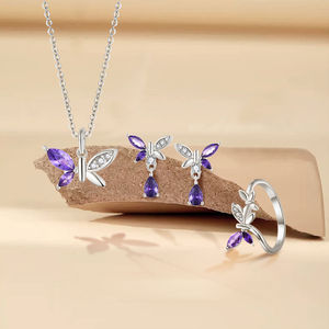 Ensemble de bijoux en argent sterling avec papillon, plaqué rhodium, améthyste violette, zircone cubique, argent 925, comme les ensembles de bijoux de créateurs originaux - Product Image 2