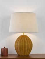 Lampe de table LED en rotin naturel avec abat-jour en tissu couleur avoine, base d'ampoule E26, design simple, style côtier, blanc chaud