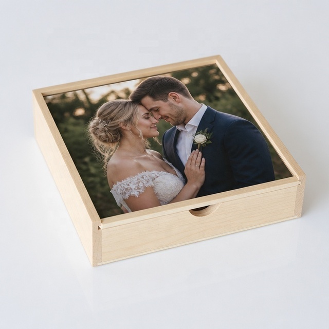 Wooden Square Box with Sliding Lid Photo Box Fancy Gift Box with Natural Wood Textured Wholesale USB Picture Storage Box