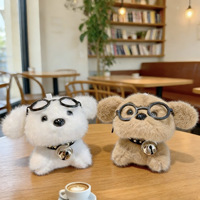 Pendentif chiot mignon avec lunettes et clochette, jouet en peluche, pendentif de sac, porte-clés de sac dessin animé, poupée, cadeau